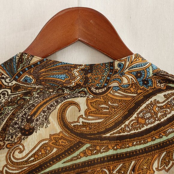 Women's Ruffle Top Paisley Blouse Brown Tan Chiffon Office Wear Dressy Casual - Picture 5 of 6